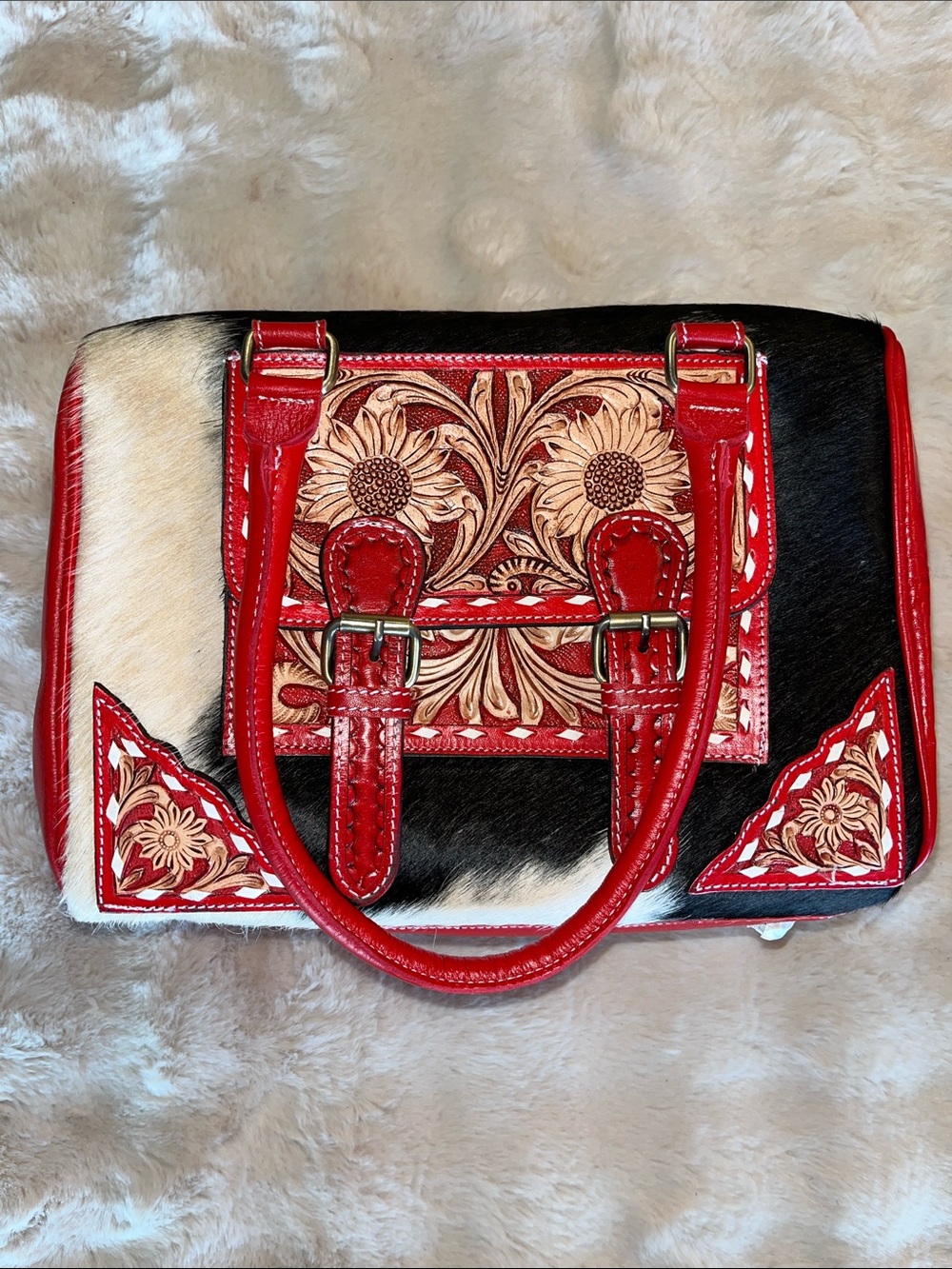 Red Floral Tooled Leather Accent Satchel - Women Bags